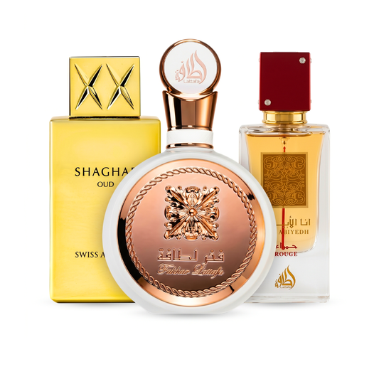Set 3 Parfema | Fakhar Rose + Ana Abiyedh Rouge + Swiss Arabian Shaghaf Oud 100 ml